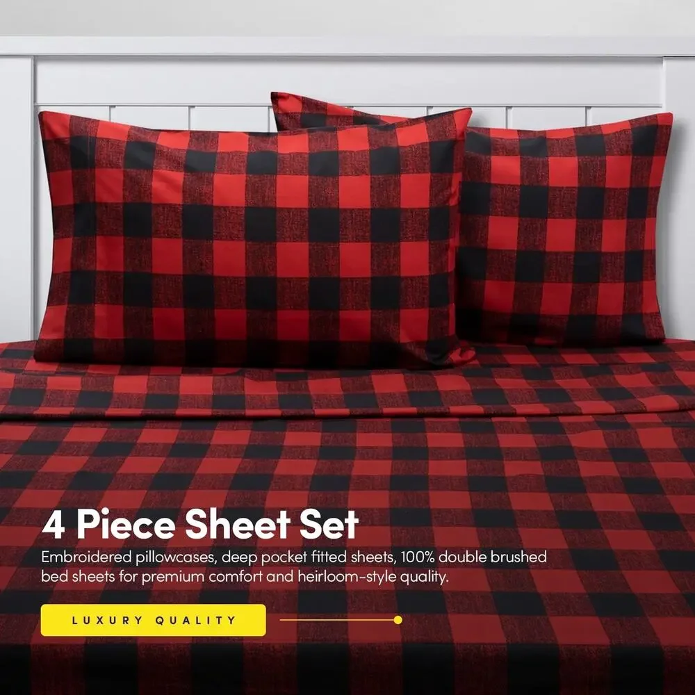 NEW! Sweet Home Collection Classic Buffalo Plaid 4PC Printed Bed Sheet Set Queen
